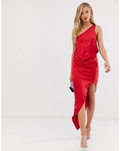 ASOS Satin One Shoulder Drape Midi Dress - Red
