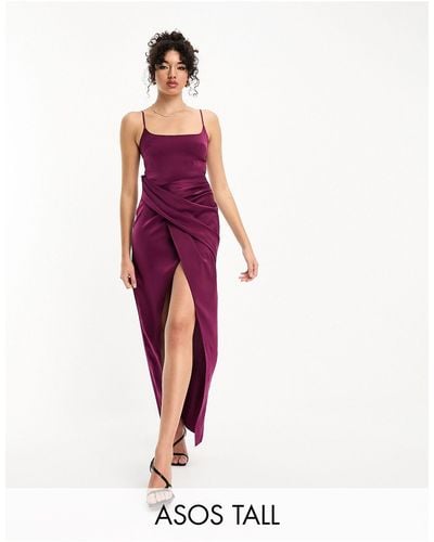 ASOS Asos Design Tall Satin Cami Midi Dress With Drape Skirt - Red