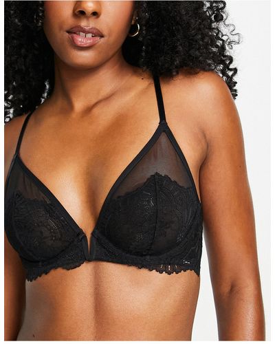 Lindex Chloe Non Padded Plunge Lace Bra With Sheer Mesh And V Wire Detail - Black