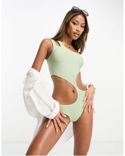 ASOS Asymmetric Strappy One Shoulder Cut Out Swimsuit - Green