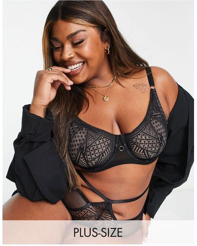 We Are We Wear Curve Geo Lace Non Padded Balconette Bra - Black
