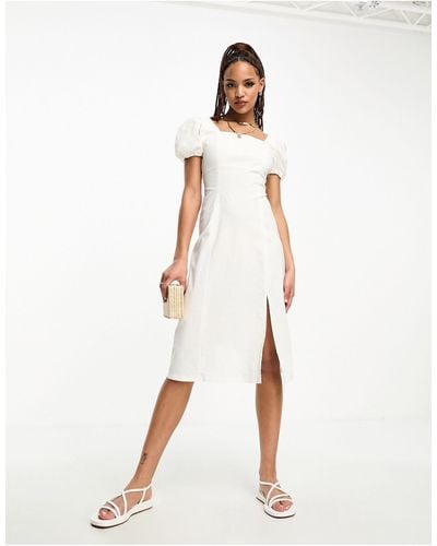 Urban Revivo Square Neck Puff Sleeve Midi Dress - White