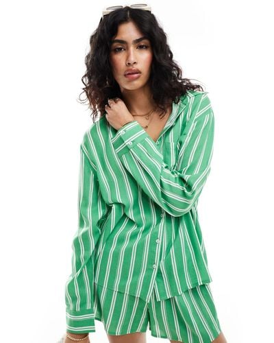 esmé studios Esmee Oversized Long Sleeve Stripe Beach Shirt Co-ord - Green