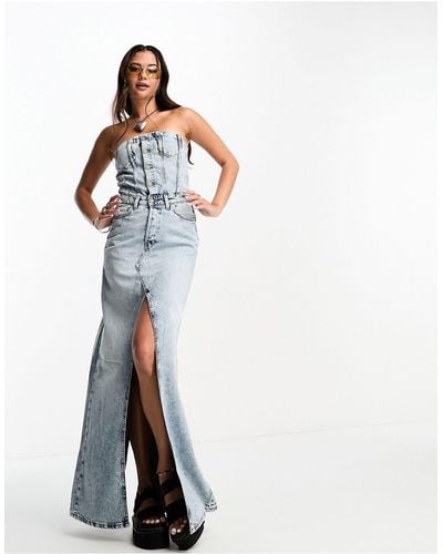 Weekday Scottsdale - robe longue en jean sans manches fendue devant - lune - Blanc