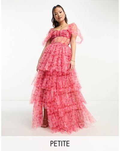 LACE & BEADS Off Shoulder Tulle Corset Maxi Dress - Pink