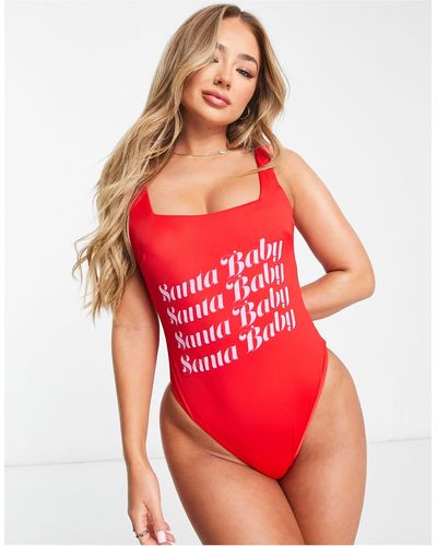 ASOS Square Neck 'santa Baby' Christmas Slogan Swimsuit - Red