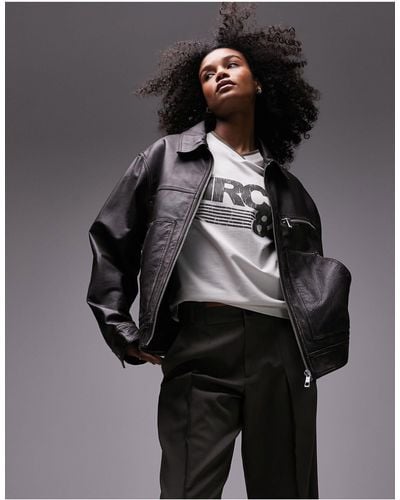 TOPSHOP Premium Washed Real Leather Jacket - Grey