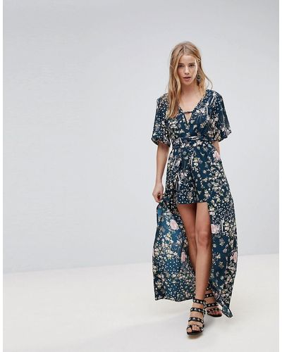 Band Of Gypsies Floral Maxi Dress With Shorts - Blue