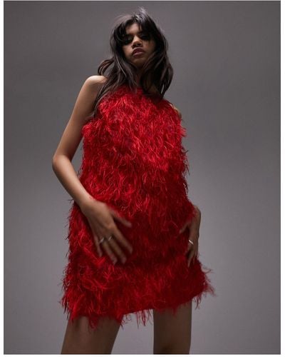 TOPSHOP Faux Feather Mini Dress - Red