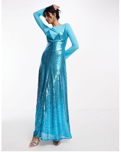 DASKA Embellished Sequin Slip Dress With Detachable Matching Top - Blue