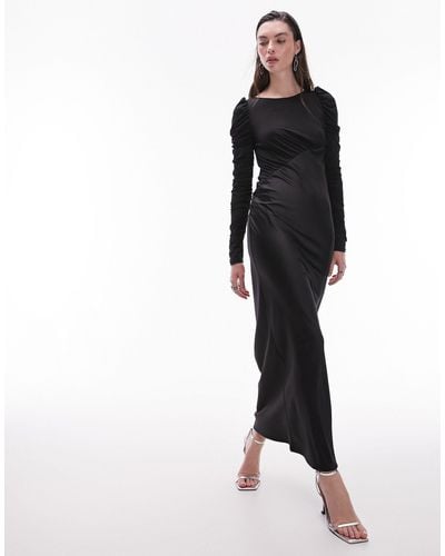 TOPSHOP Long Sleeve Satin And Jersey Maxi Dress - Black