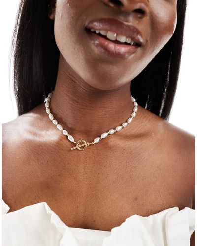 ASOS Faux Pearl Necklace With T Bar Detail - Brown