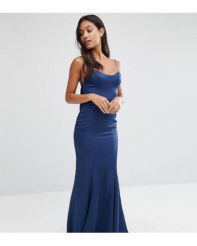 Fame & Partners Satin Slip Maxi Dress With Fishtail - Blue