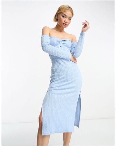 Rebellious Fashion Off Shoulder Knitted Thigh Split Midi Dress - Blue