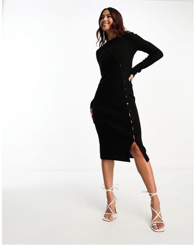 Vero Moda Exclusives - Midi-jurk Met Asymmetrische Knopen Aan - Zwart