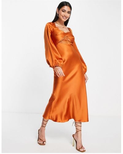 ASOS Bias Satin Long Sleeve Midi Dress With Delicate Lace Detail And Twist Front Detail - Orange