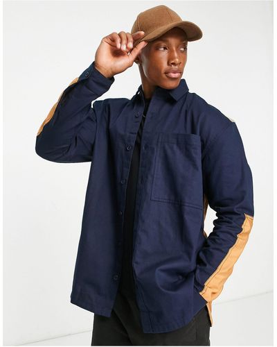 TOPMAN Long Sleeve Relaxed Fit Panelled Shirt With Quilting - Blue