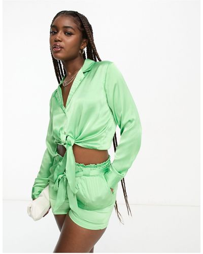 Jdy Tie Front Cropped Satin Shirt Co-ord - Green