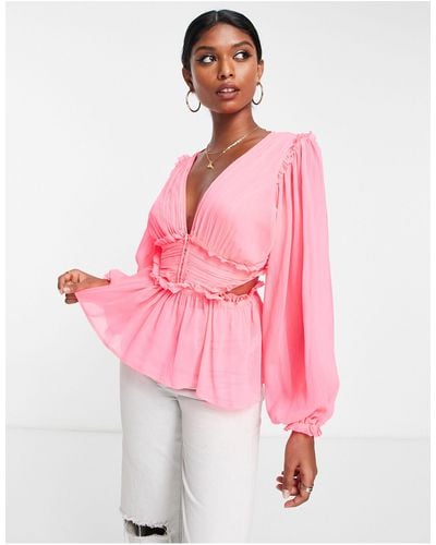 ASOS Sheer Blouse With Pleated Waist & Cut Out Back - Pink