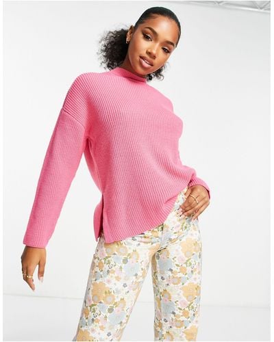 New Look Knitted Crew Neck Sweater With Side Split Detail - Pink