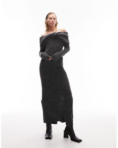 TOPSHOP Knitted Off Shoulder Twist Dress - Black