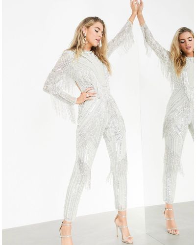 ASOS Sequin And Pearl Jumpsuit With Fringing - Gray