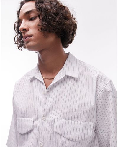 TOPMAN Short Sleeve Relaxed Striped Double Pocket Shirt - White