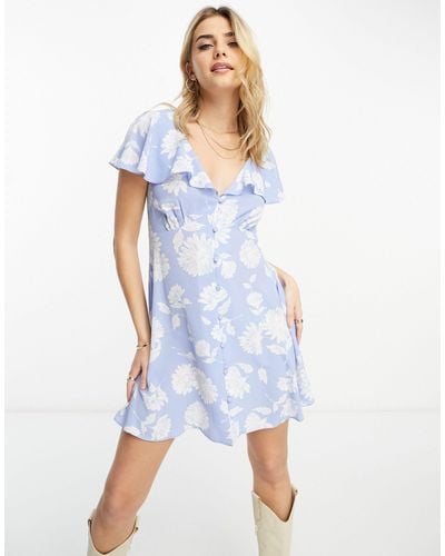 ASOS Flutter Sleeve Mini Tea Dress With Buttons - Blue