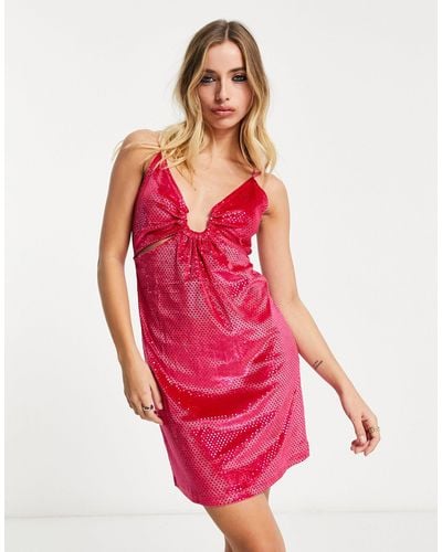 ONLY Sparkly V Neck Mini Dress With Cross Back Detail - Pink