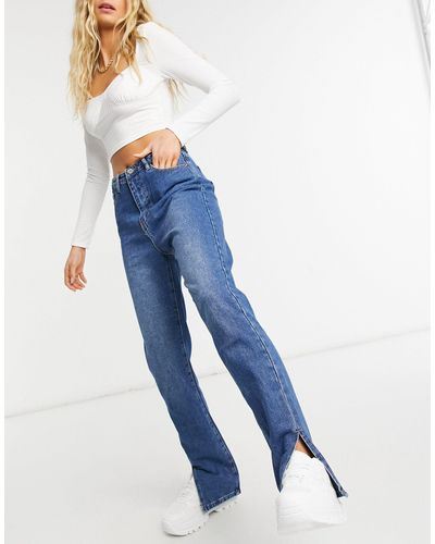 Missguided Hoogsluitende Jeans Met Rechte Pijpen, Hoge Taille En Split - Blauw