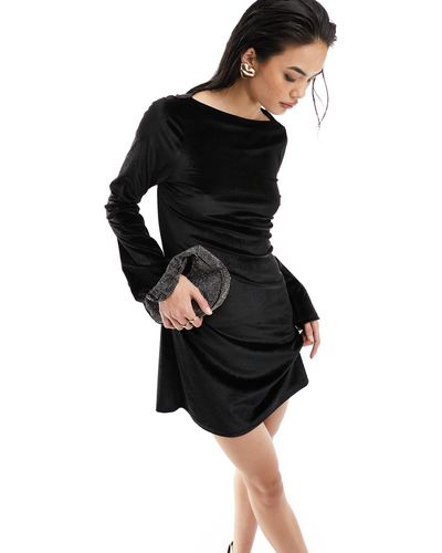 Monki Long Sleeve Velvet Mini Dress - Black