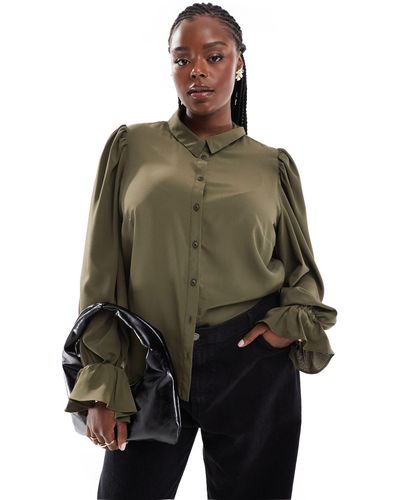 ASOS Asos Design Curve Volume Sleeved Soft Shirt With Ruffle Cuffs - Brown