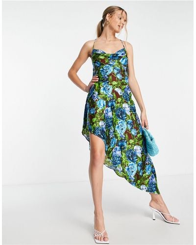 TOPSHOP Asymmetric Floral Cowl Neck Midi Slip Dress - Blue