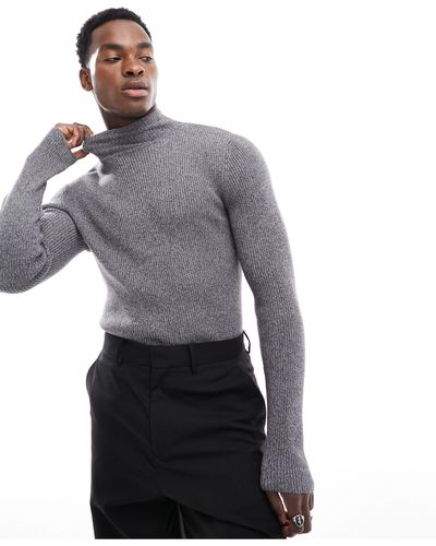 ASOS Muscle Fit Knitted Essential Rib Turtle Neck Jumper - Grey
