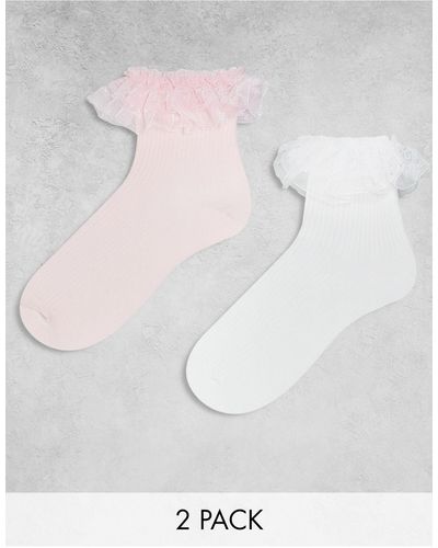 Monki 2 Pack Frill Ankle Socks - White