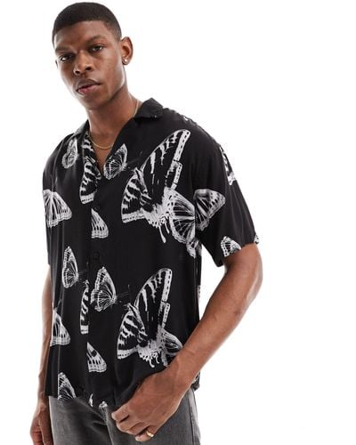 Jack & Jones Oversized Revere Collar Shirt With Black Butterfly Print