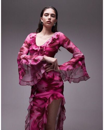 TOPSHOP Robe mi-longue fendue à imprimé flou avec col en v et volants - rose - Multicolore