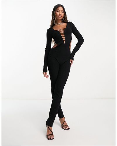Missy Empire Knitted Ladder Detail Jumpsuit With Open Back - Black