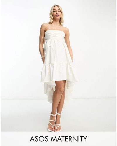 ASOS Asos Design Maternity Cotton Ruched Bandeau Midi Dress With High Low Hem - White