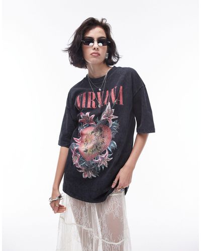 TOPSHOP T-shirt oversize antracite con grafica "nirvana" su licenza - Blu