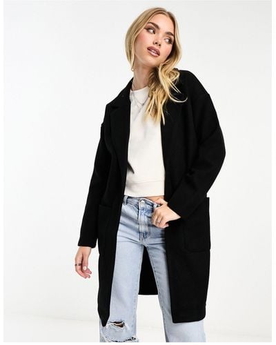 Pieces Oversized Collar Belted Coat - Black
