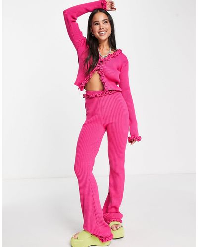 Daisy Street High Waisted Relaxed Trousers With Frill Detail - Pink