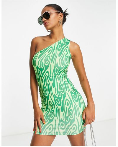 Public Desire Vestido corto verde ceñido asimétrico con estampado