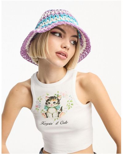 ASOS Straw Crochet Bucket Hat With Stripes - White