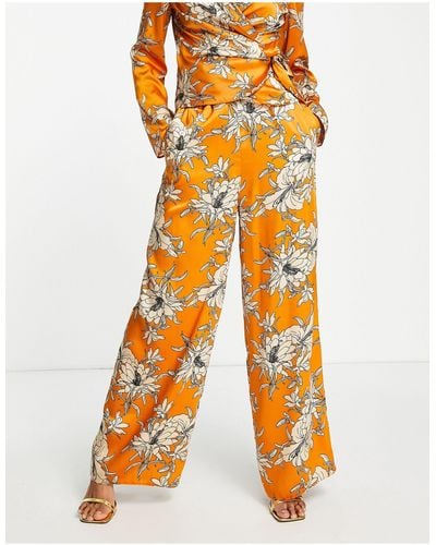 ASOS Pantalon large d'ensemble en satin à imprimé fleurs - orange