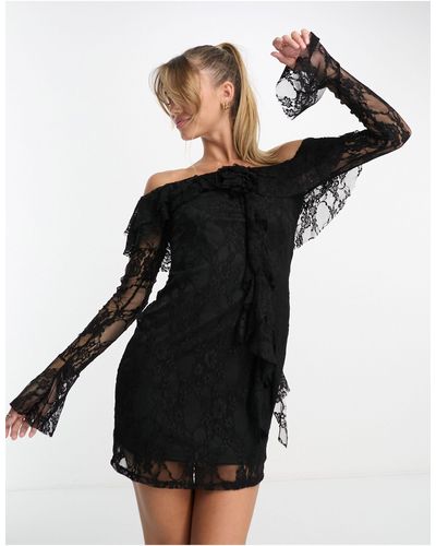 ASOS Ruffle Lace Off The Shoulder Mini Dress With Corsage - Black