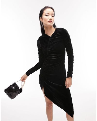 TOPSHOP Velvet Ruched Asymmetric Long Sleeve Hem Midi Dress - Black