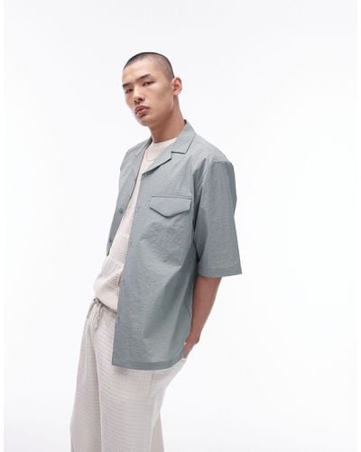TOPMAN Short Sleeve Relaxed Revere Utility Double Pocket Shirt - Gray