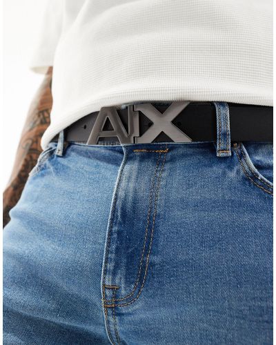Armani Exchange Logo Buckle Reversible Leather Belt - Blue
