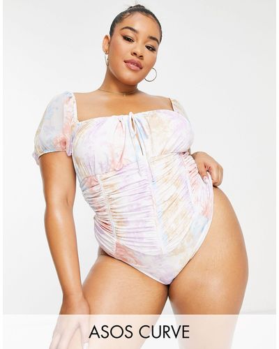 ASOS Curve – badeanzug mit korsettteil und puffärmeln und toile-de-juoy-druck - Weiß